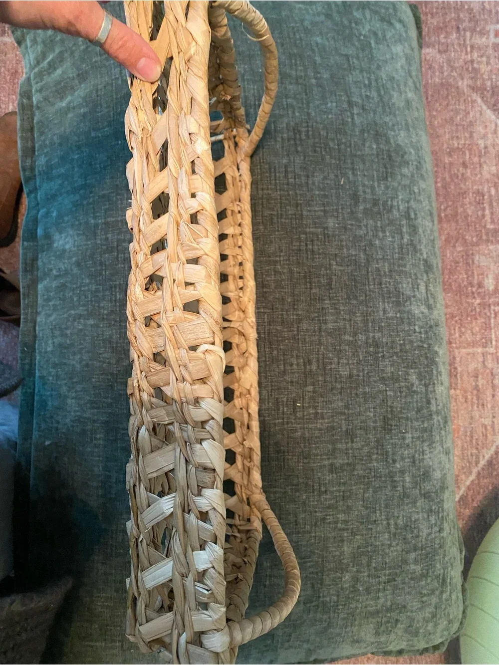 VTG Boho Hand Woven Open Weave Rectangular Tray Basket Natural Reed Palm Leaf